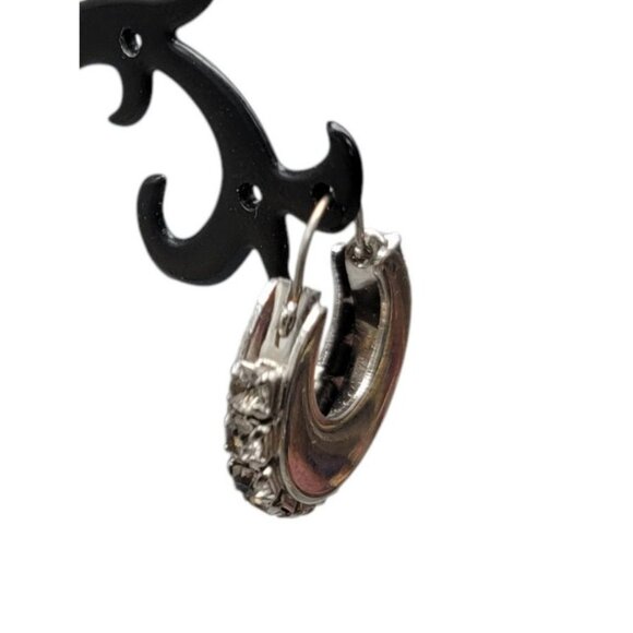 Silver Tone Rhinestone Hoop Earrings Hinged Closure Vintage Pat Pend Unsigned - Picture 3 of 9